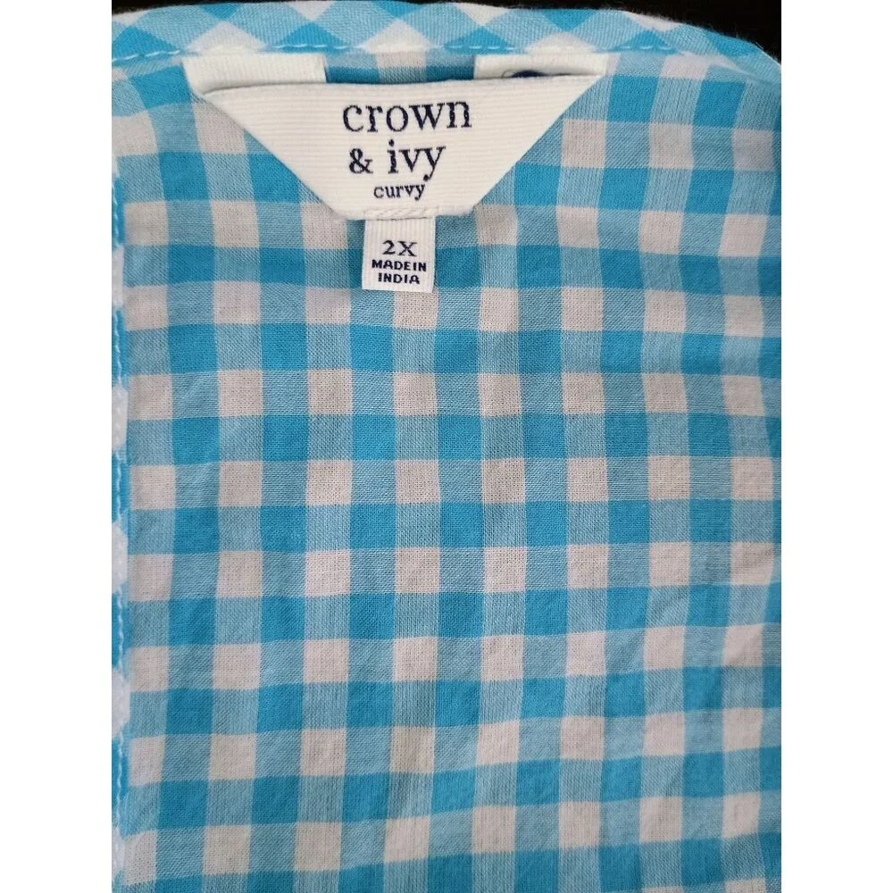 Crown & Ivy 2x Blue White Gingham Floral Tunic Top Blouse Embroidered‎ Detail